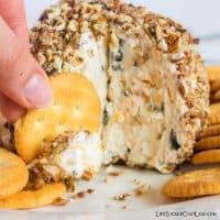 Kick-Ass Cheeseball Recipe made with ranch, cream cheese, garlic, olives, onion, and pecans. lifeshouldcostless.com