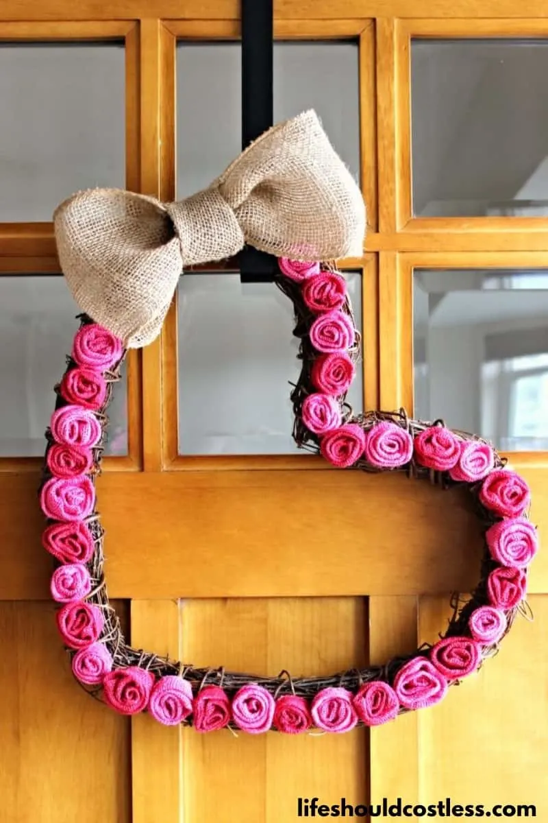 Heart wreath tutorial with burlap rosette's and a grapevine wreath form.