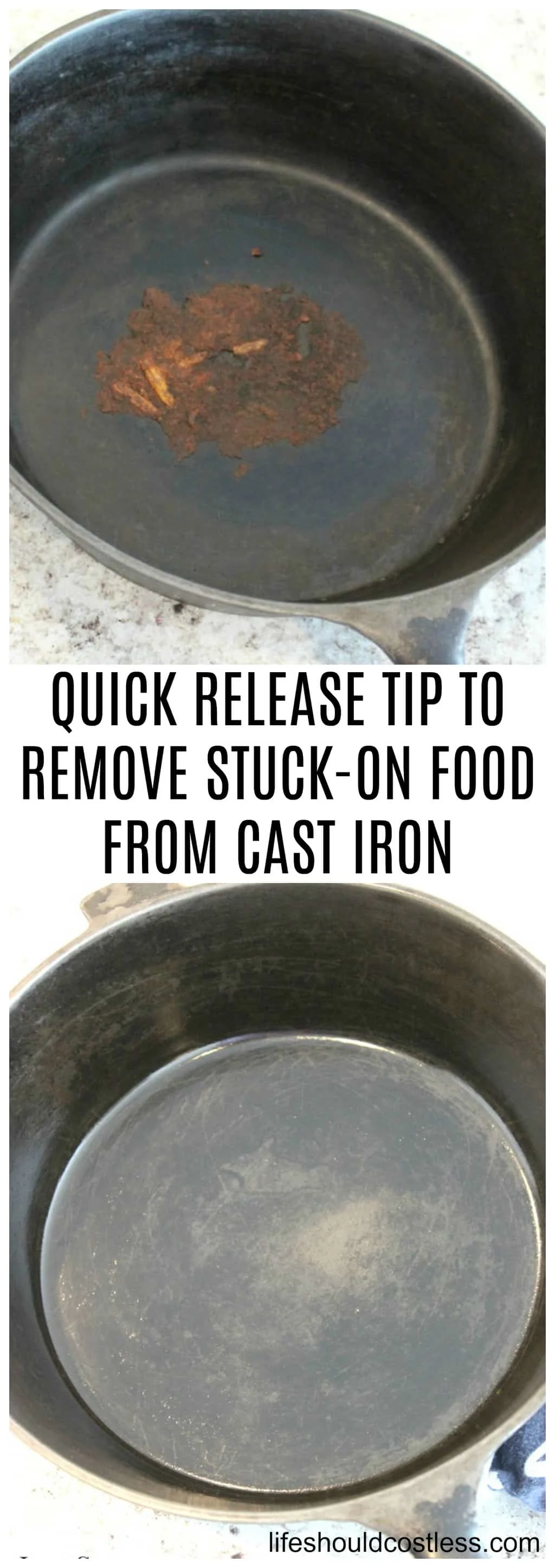 QUICK RELEASE TIP TO REMOVE STUCK-ON FOOD FROM CAST IRON. Easy cast iron care cleaning tip.