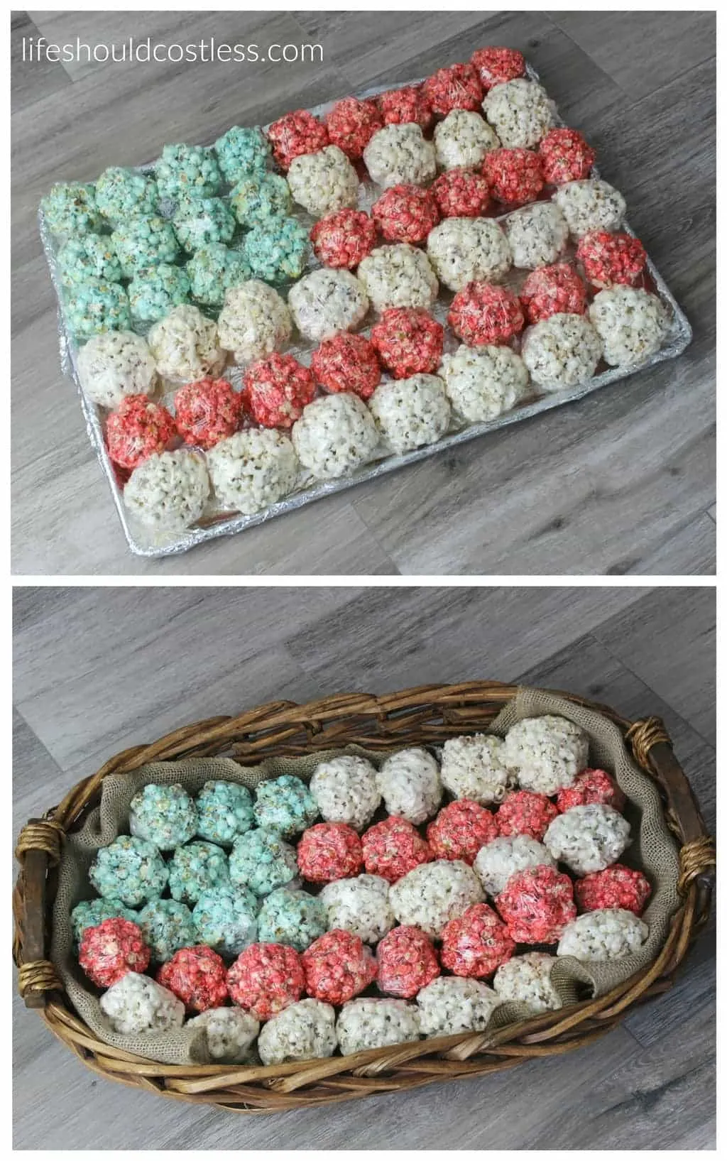 Patriotic Flag Popcorn Balls in pan or basket. #summertime #patriotic #dessert {lifeshouldcostless.com}
