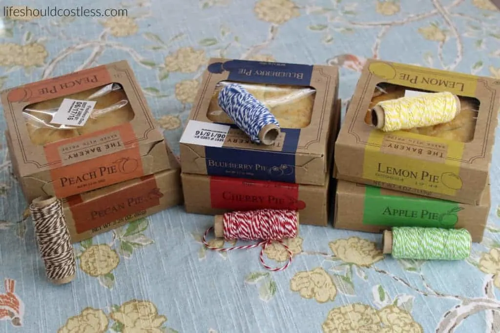 A gift idea that's as easy as pie, and costs less than $1 each. Pies matched with twine. {lifeshouldcostless.com}
