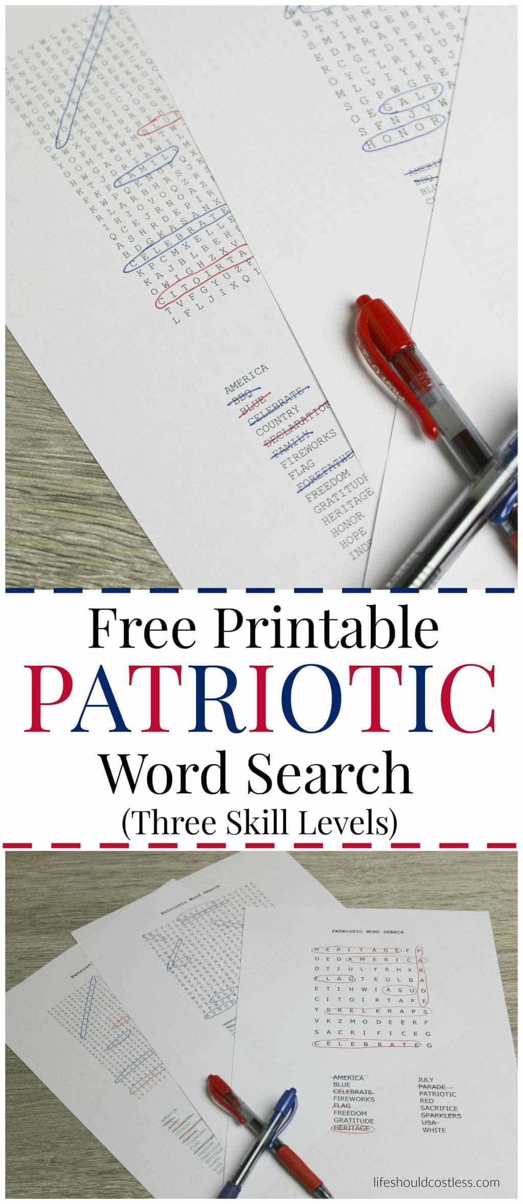 Free Printable Patriotic Word Search (with three different skill levels