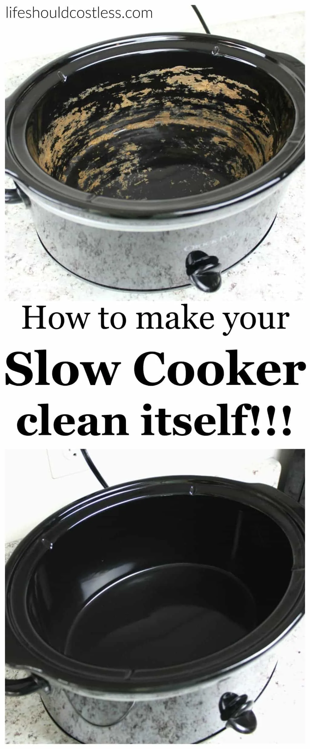 How to make your slow cooker clean itself! Never spend more than thirty seconds scrubbing your slow cooker ever again! Plus, it removes any funky lingering tastes or smells.