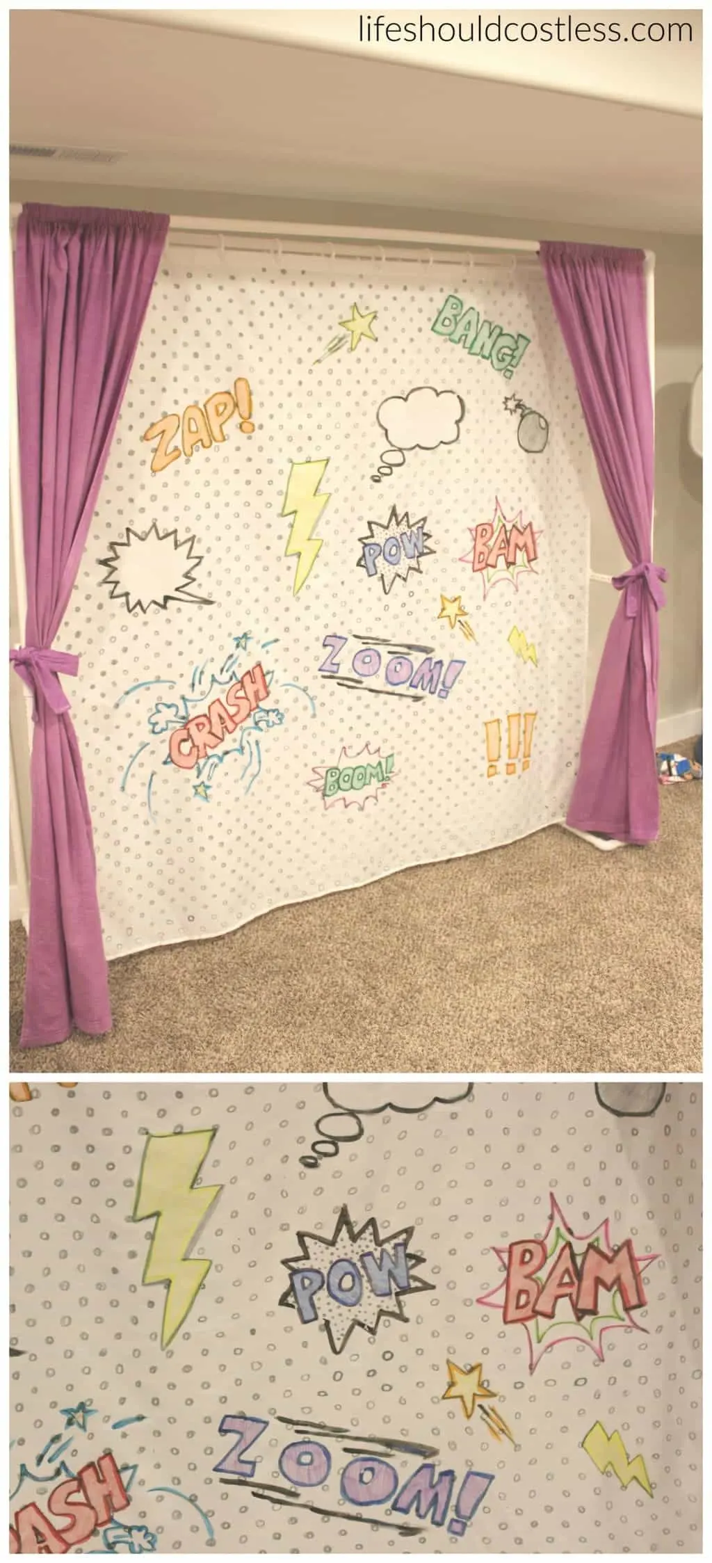 Multi-Use PVC Theater with washable and glow-in-the-dark backdrop options. The "thneed" of PVC theaters! It is so veratile that you can do almost anything. Best PVC project for kids. Used as backdrop for comic themed party.