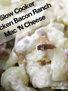 The best bacon crockpot recipe! Crockpot chicken bacon ranch macaroni and cheese recipe.