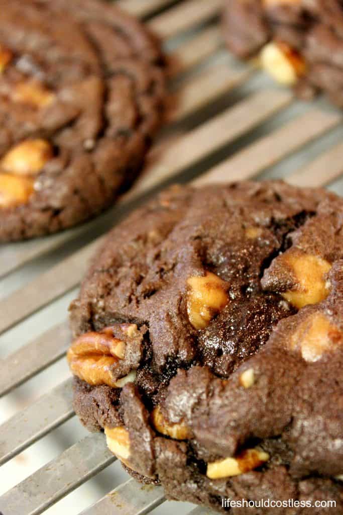 Rich chocolate cookies with caramel and pecans baked inside.