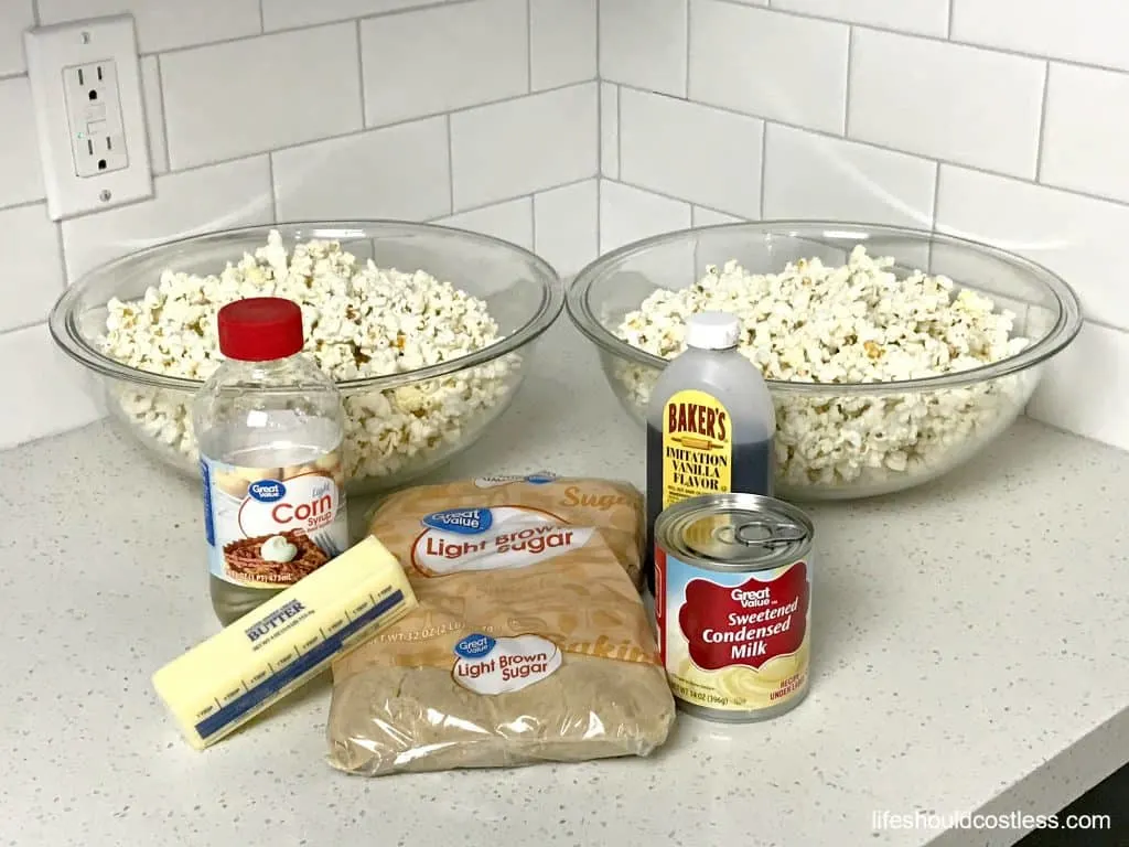 Pictured are the ingredients for Browned Butter Caramel Popcorn, with instructions on how to make popcorn balls. It's a new twist on an old favorite at lifeshouldcostless.com