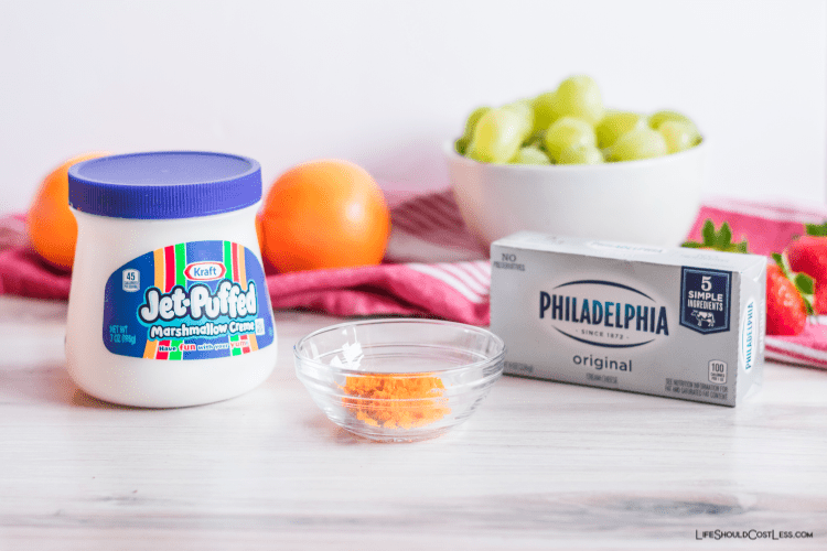 ingredients in easy recipe for fruit dip with cream cheese