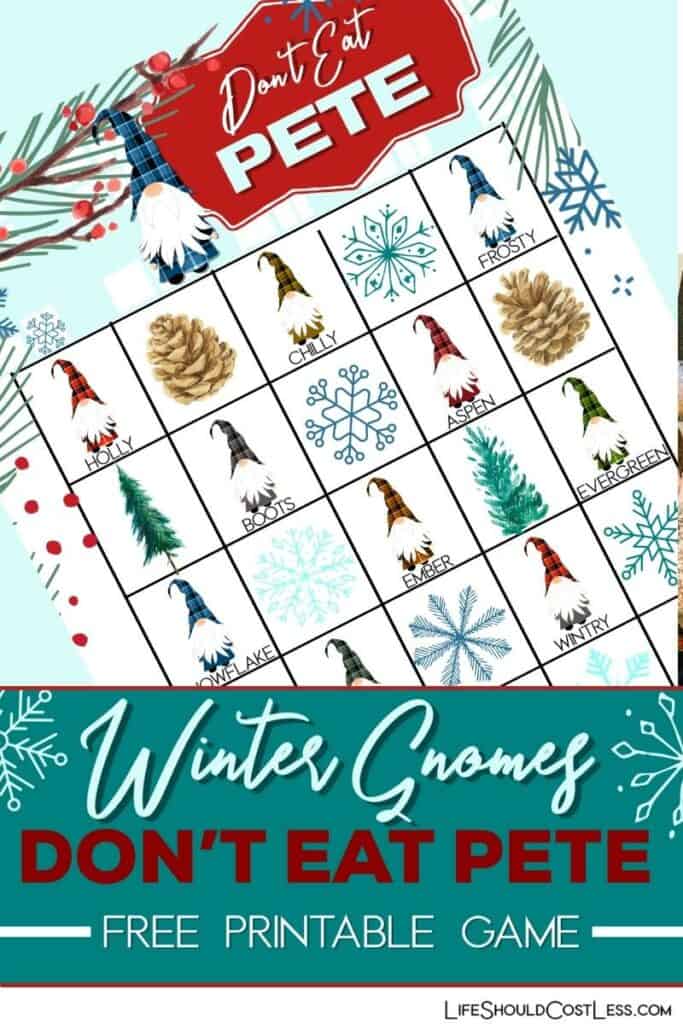 indoor winter party game board for kids, free printable winter/Christmas gnomes don't eat pete game