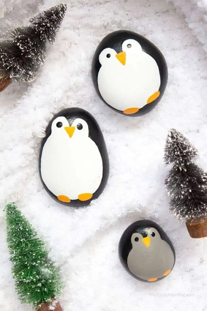 Penguin-Painted-Rocks winter crafts for preschooler winter art projects