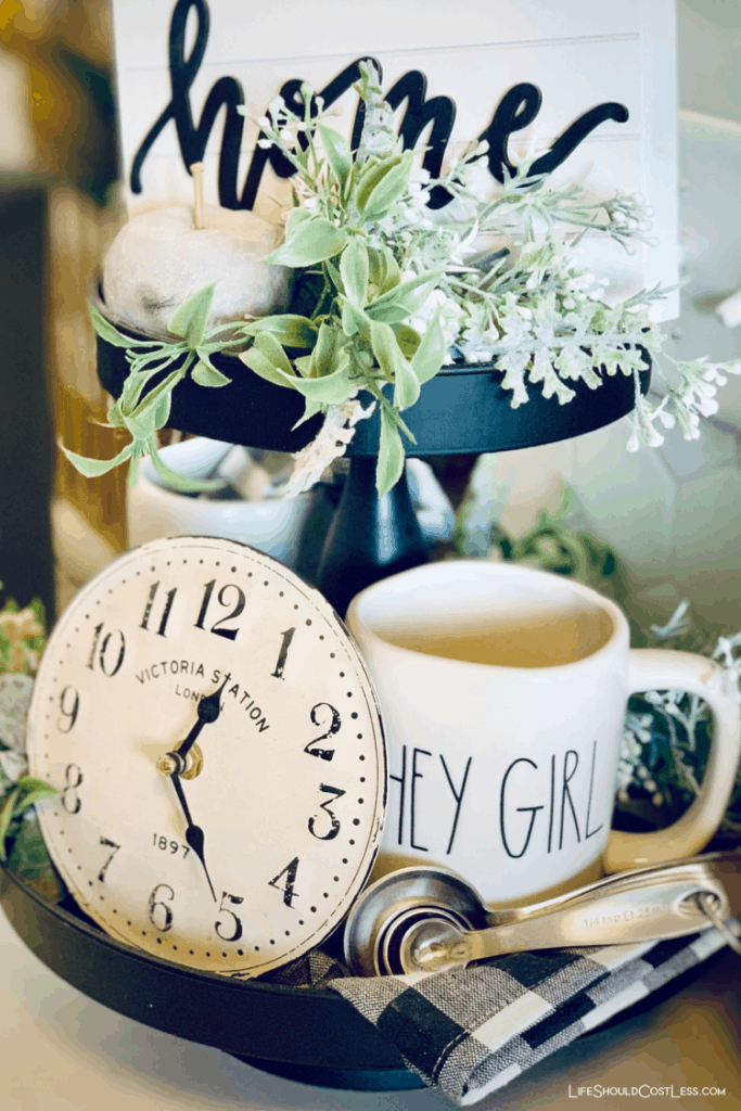 decorated tiered tray for home beverage station