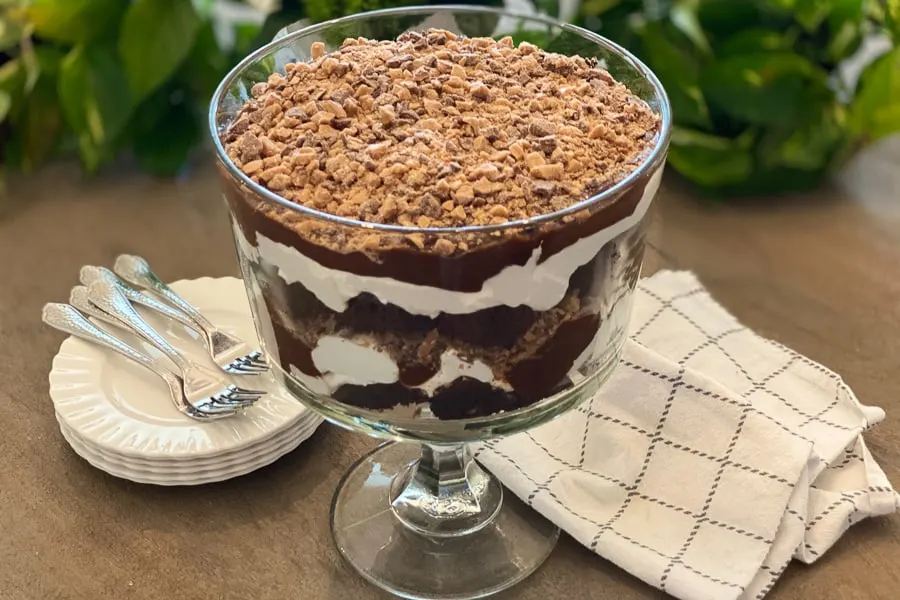 Trifle made with heath chocolate bar.