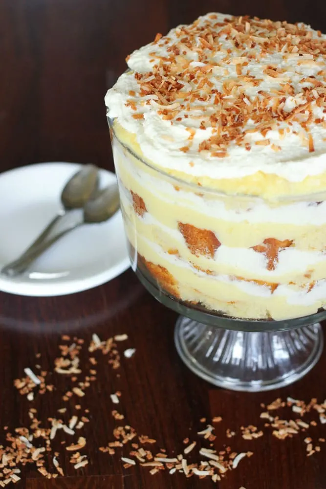 Easy coconut cream trifle with toasted coconut recipe.