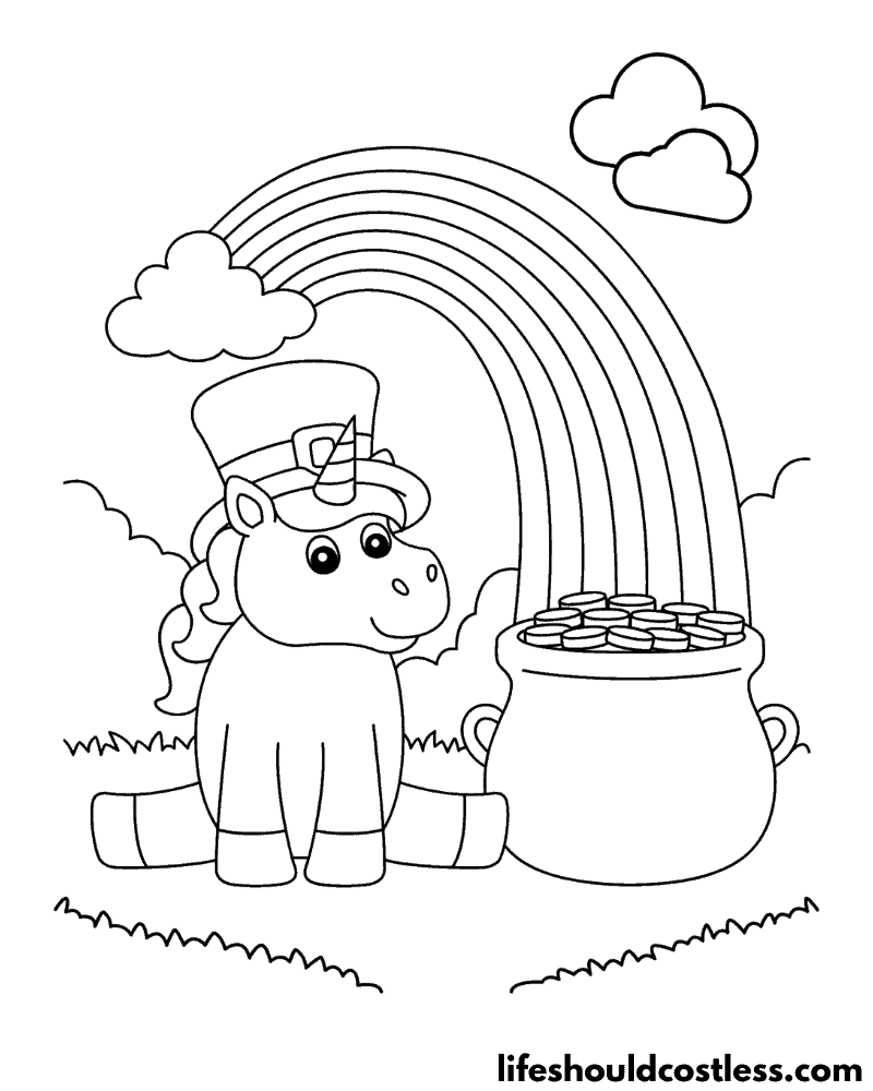 Unicorn pot of gold rainbow coloring page example