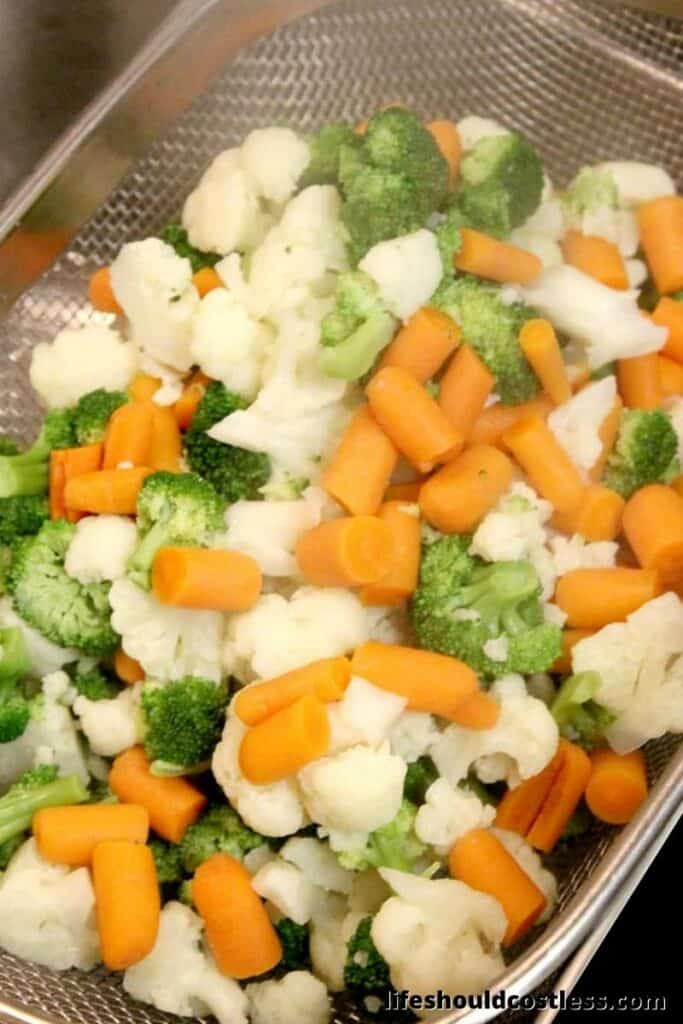 what blanched veggies look like when ready to add to pasta salad. chill them first in the fridge.