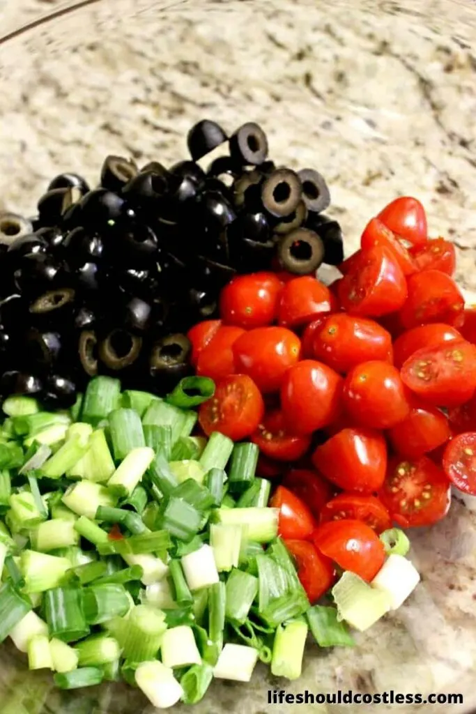 Chopped veggies ready for pasta salad.