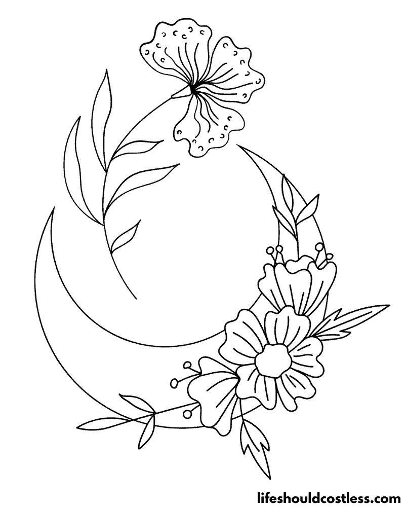 Boho Coloring Page Of Moon And Flowers Example