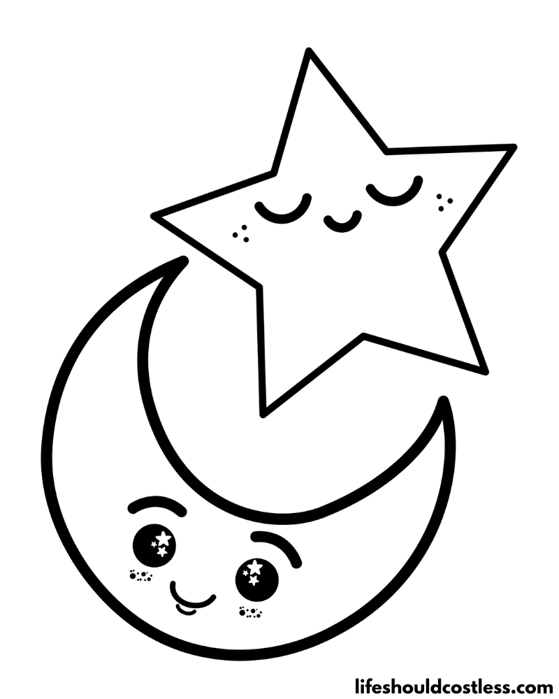 Kawaii Star And Moon Coloring Page Example