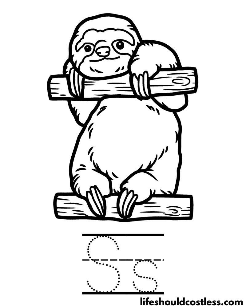 Letter S is for sloth coloring page example