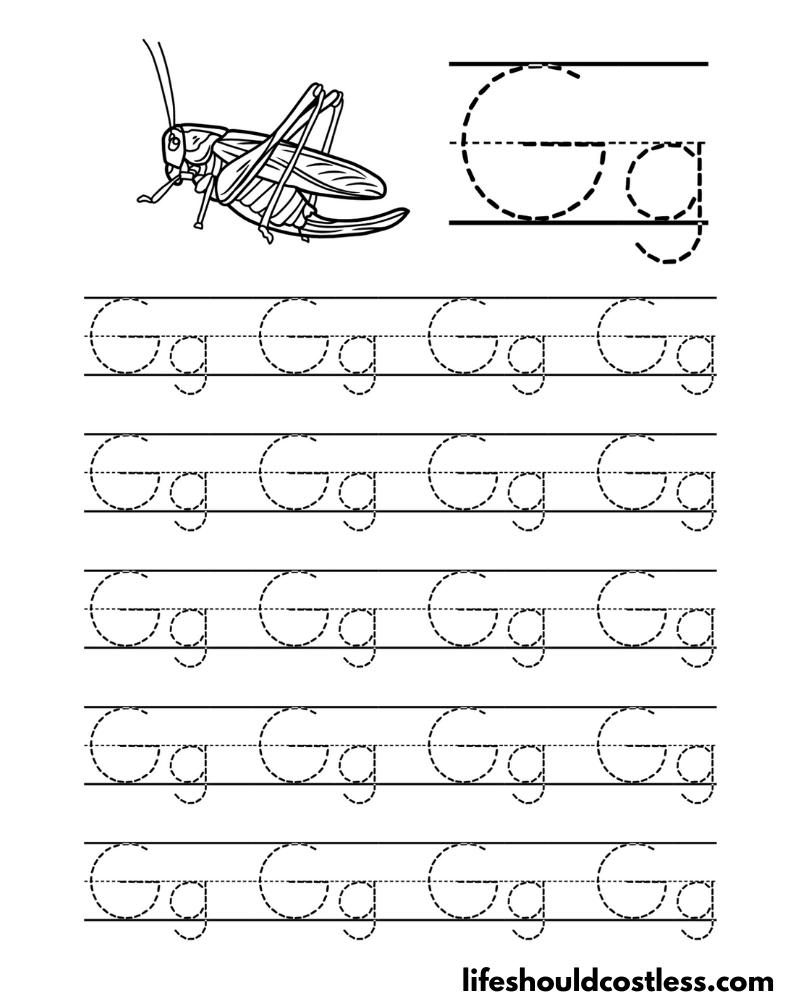 Letter G is for grasshopper word page example