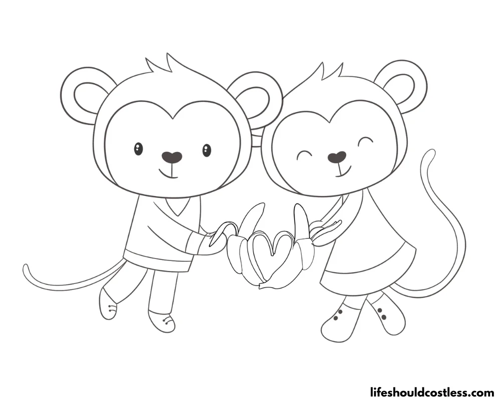 Two Monkeys In Love Banana Color Sheet Example