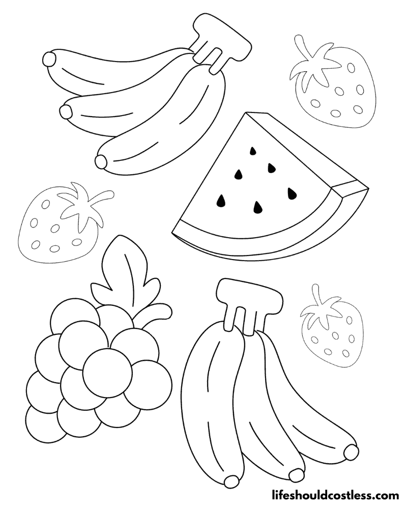 Various fruits and banana colouring page example