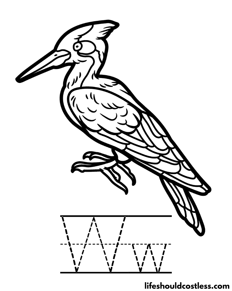 Letter W is for woodpecker coloring page example