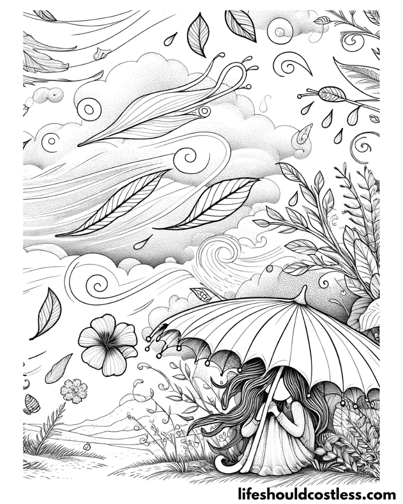 Girl hiding under an umbrella during a wind storm coloring page wind example