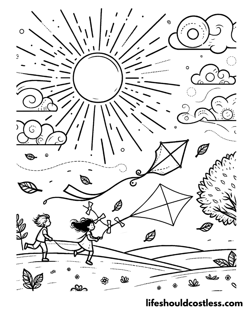 Wind coloring boy and girl flying kites example