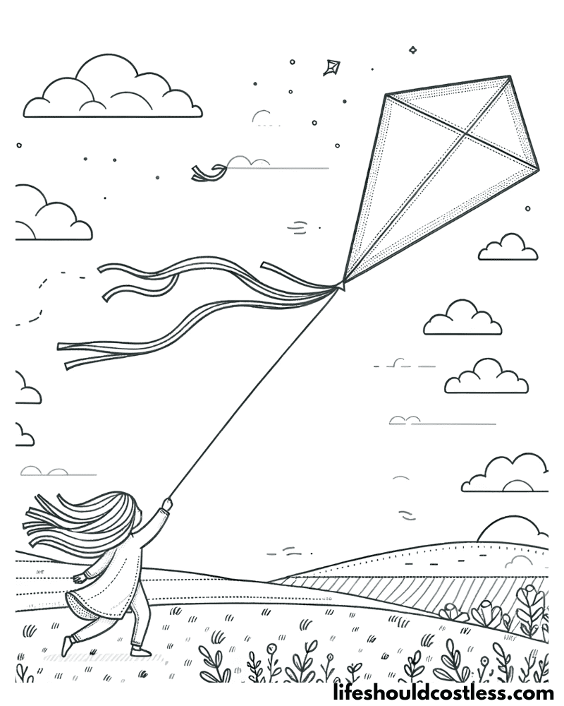 Wind coloring sheets girl flying kite example