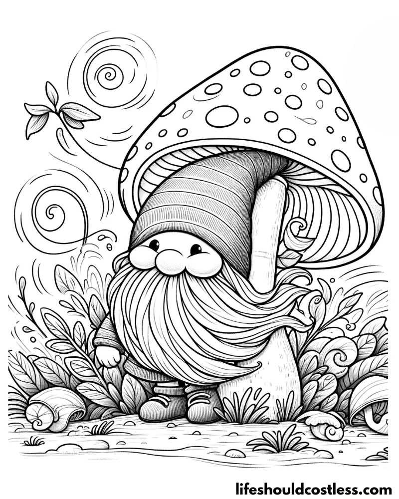 Windy coloring page gnome hiding under a mushroom during a windstorm example
