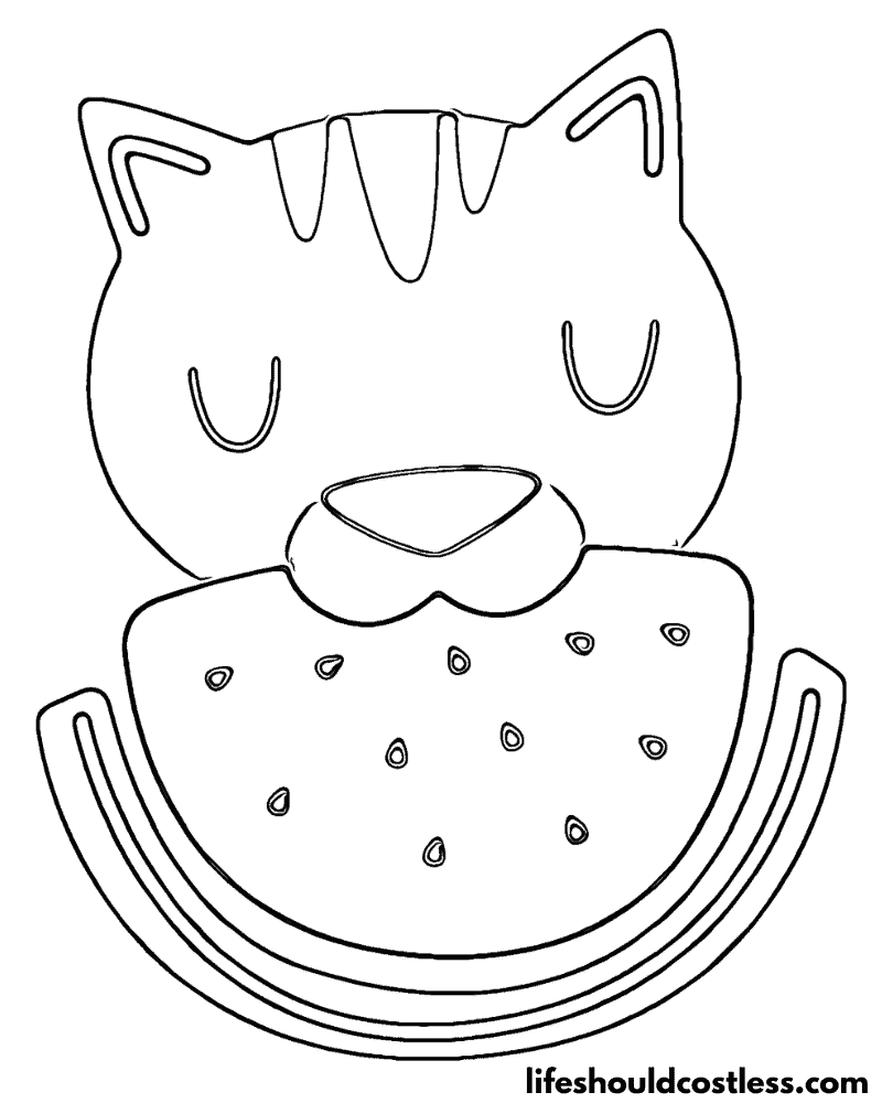 Cat Eating Watermelon Coloring Page Example