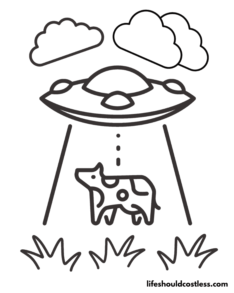 Coloring page cow being abducted by aliens example