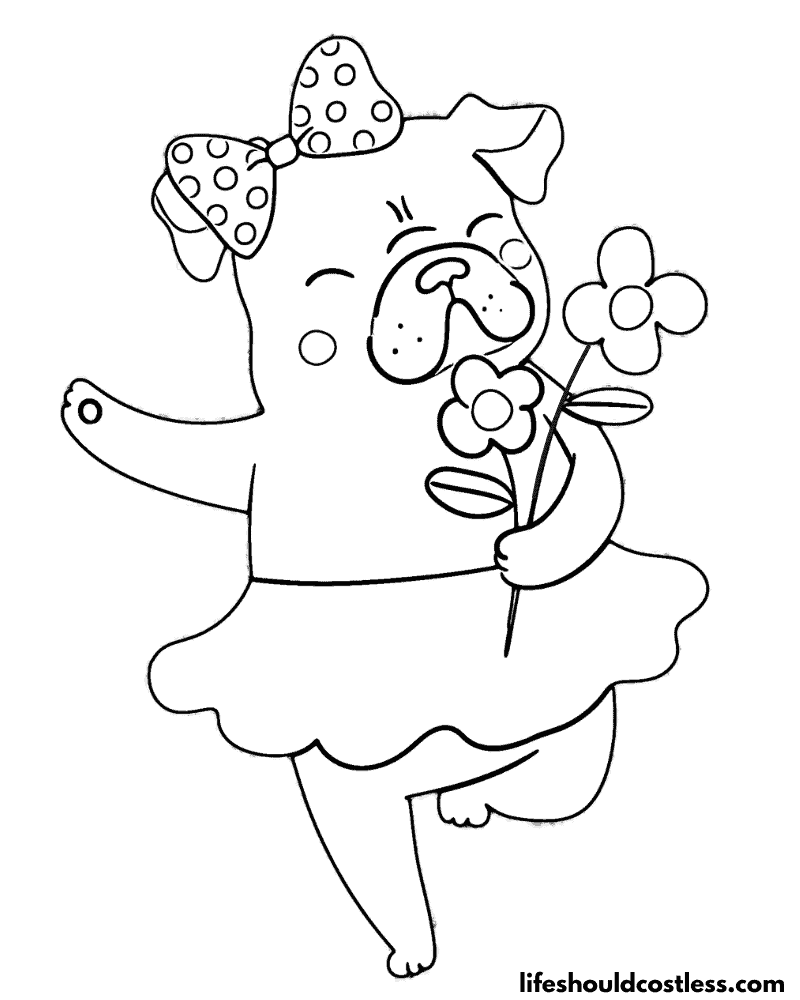 Dancing Pug Dog With Flowers Free Coloring Page Example