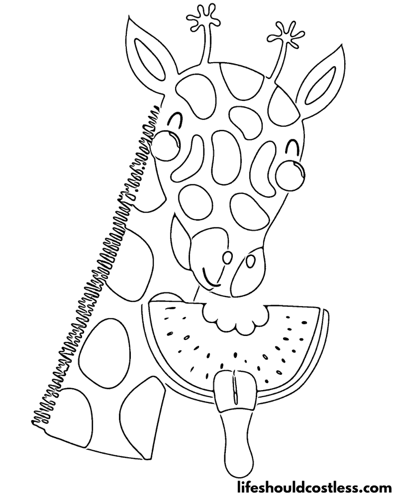Giraffe Eating Watermelon Coloring Page Example