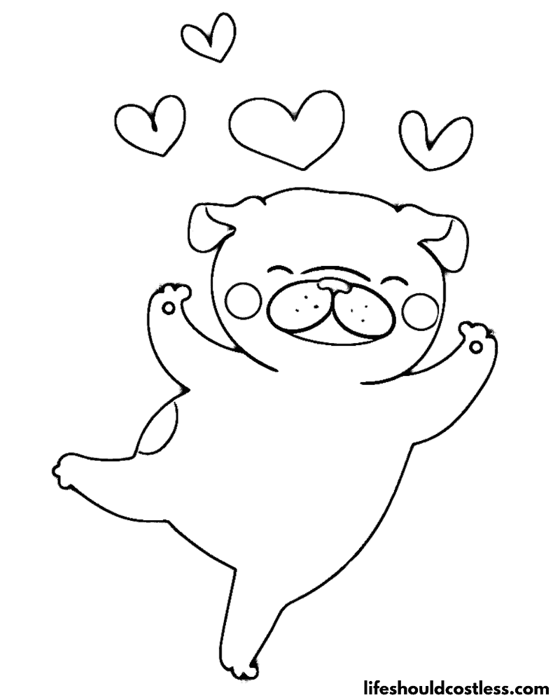 Happy Pug Dog With Hearts Free Coloring Page Example