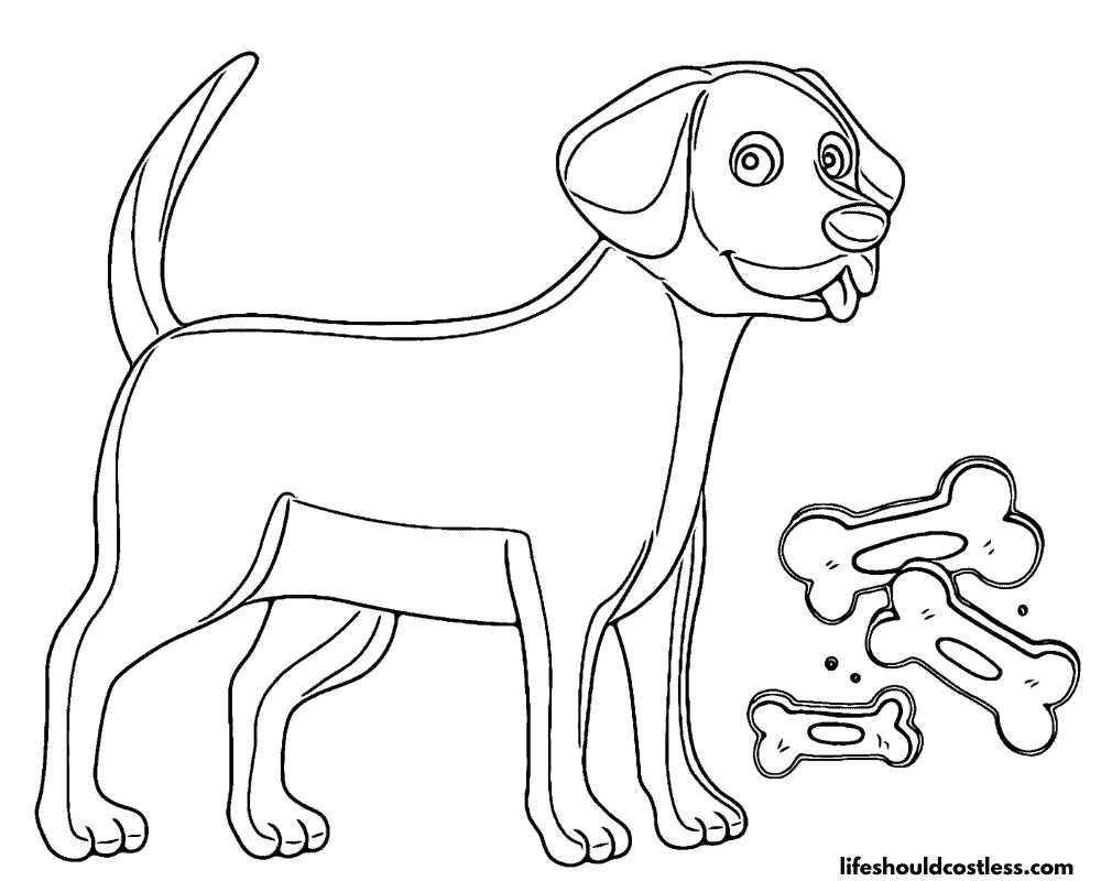 Lab Dog With Bones Outline Free Coloring Page Example