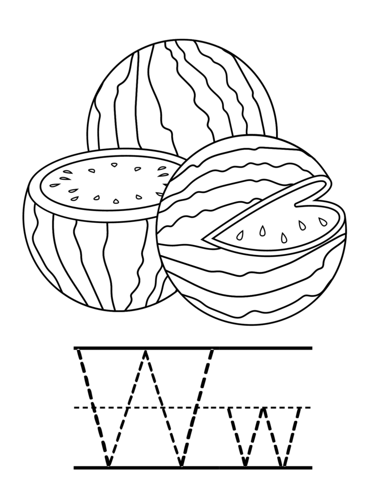 Letter W is for watermelon coloring page