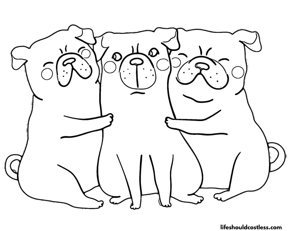 Three Pugs Hugging Free Coloring Page Example