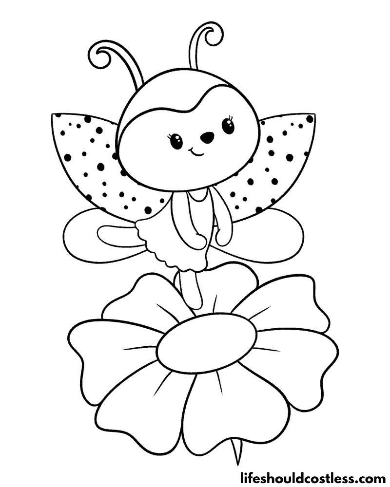 Coloring Page Ladybug Flying With Flower Example