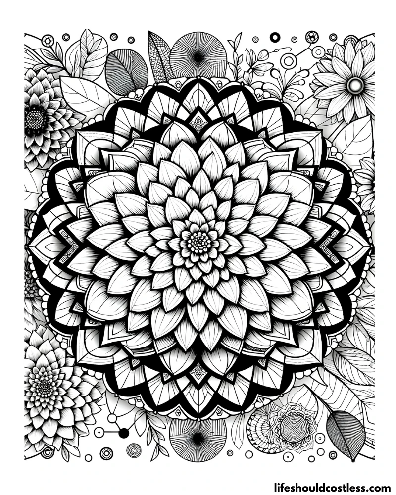Coloring page for adults flowers dahlia mandala example