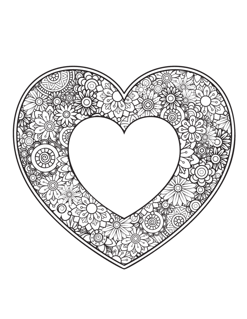 floral heart colouring in pages