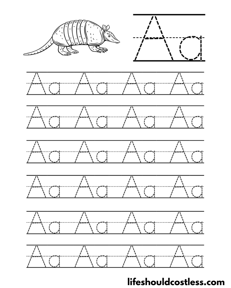 Letter A is for armadillo word page example