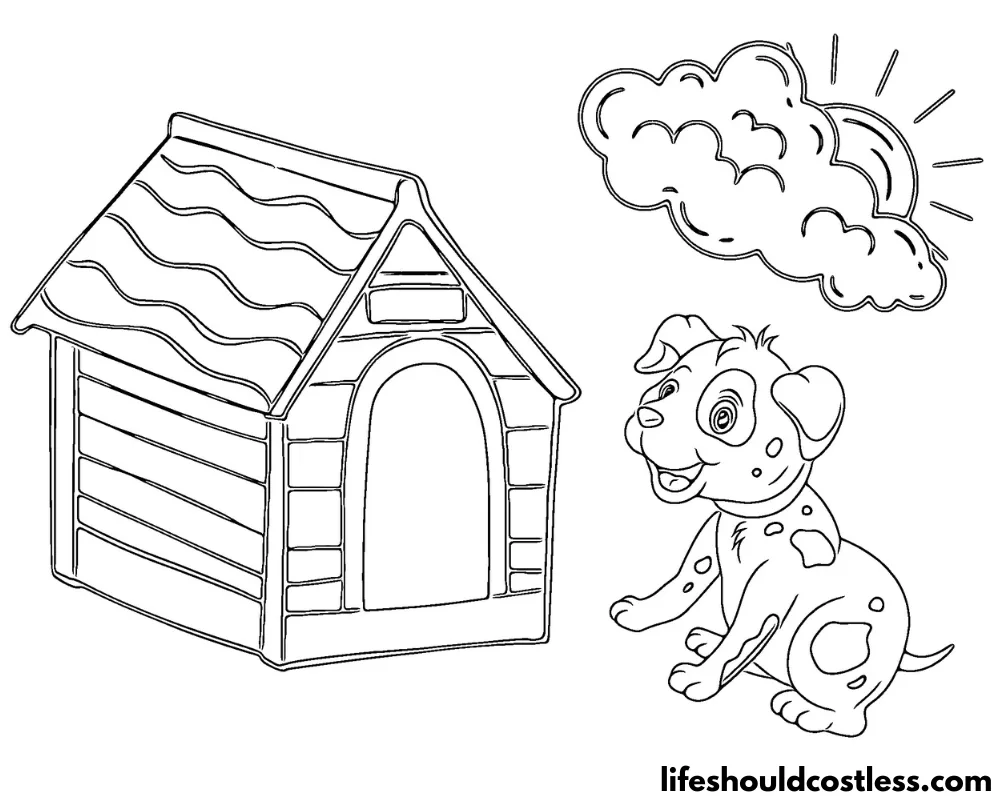 Dog With Dog House Free Coloring Page Example