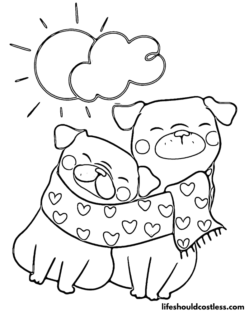 Two Pugs Sharing A Scarf Free Coloring Page Example