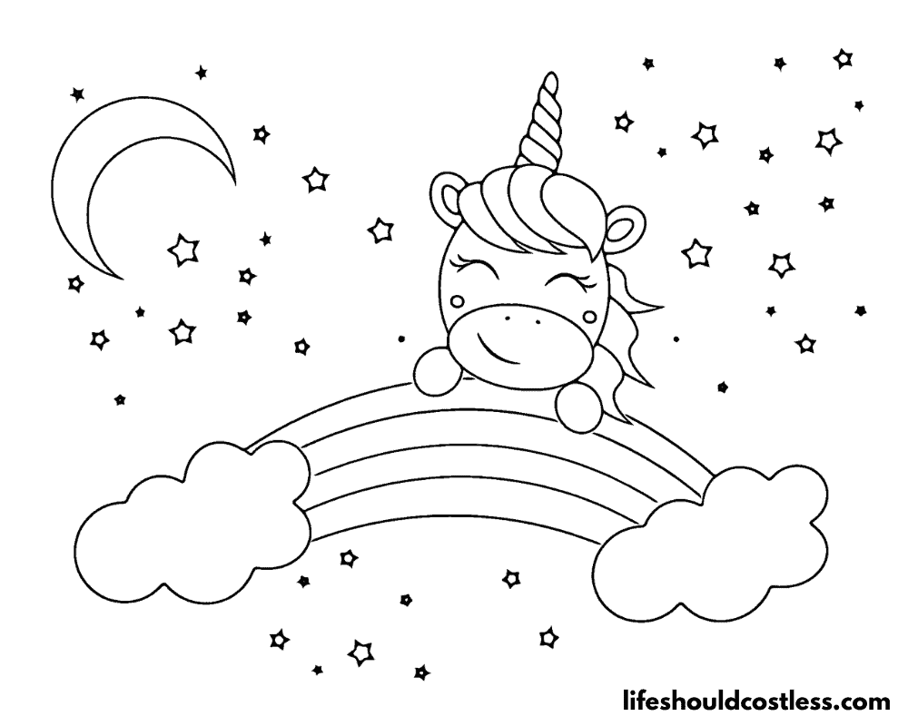 Unicorn with rainbow colouring pages example
