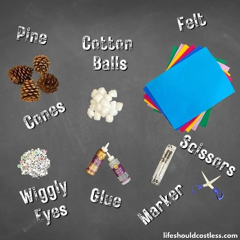 Supplies needed to make pinecone owl craft